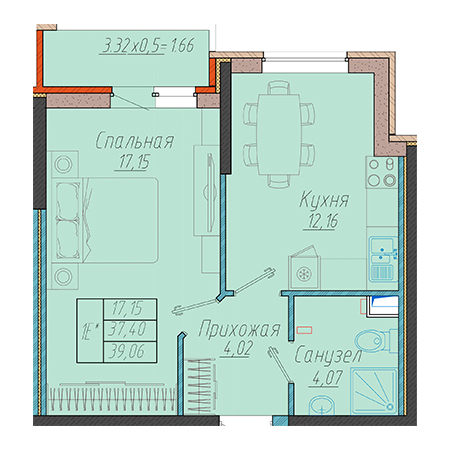 1 комнатная 38.06м²