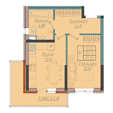 1 комнатная 37.63м²