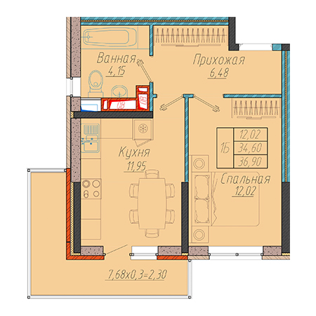 1 комнатная 36.9м²