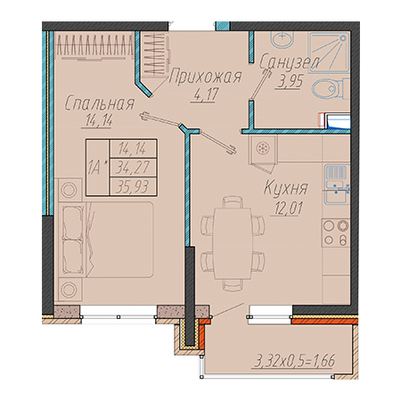 1 комнатная 35.93м²