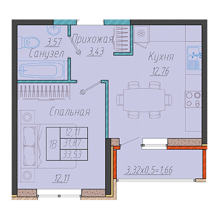 1 комнатная 33.53м²