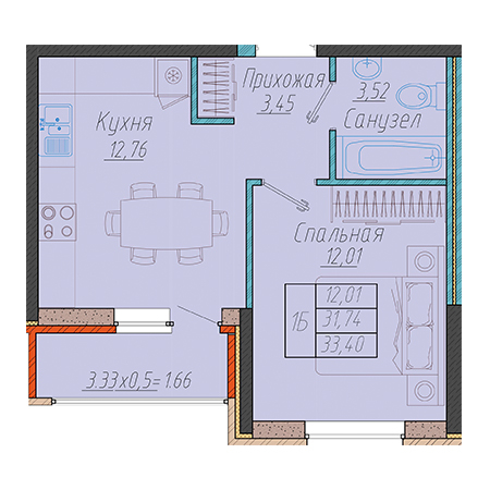 1 комнатная 33.4м²