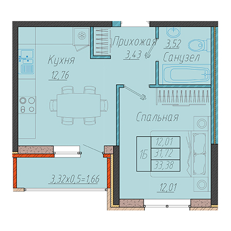 1 комнатная 33.38м²