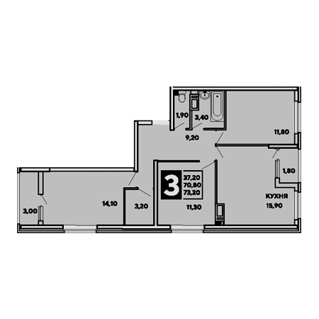 3 комнатная 73.2м²