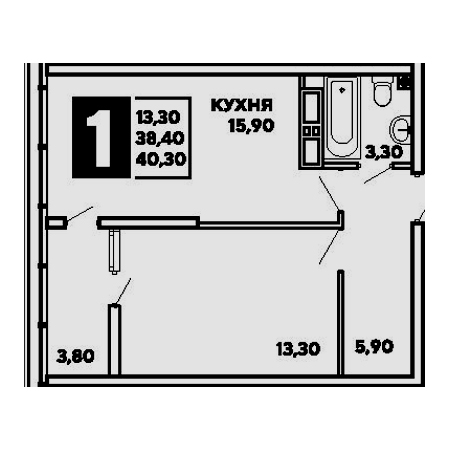 1 комнатная 40.3м²