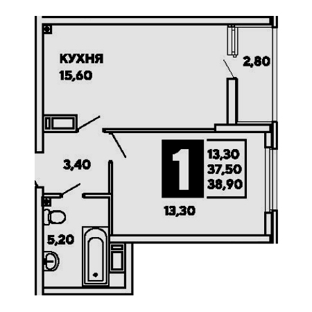 1 комнатная 38.9м²