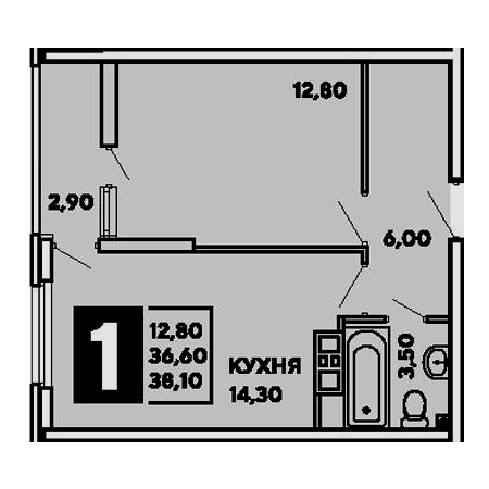 1 комнатная 38.1м²