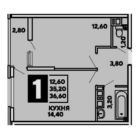 1 комнатная 36.6м²