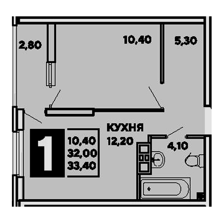 1 комнатная 33.4м²