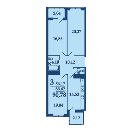 3 комнатная 90.78м²