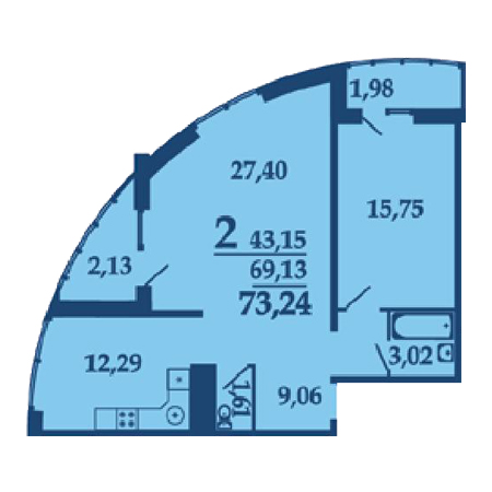 2 комнатная 73.24м²