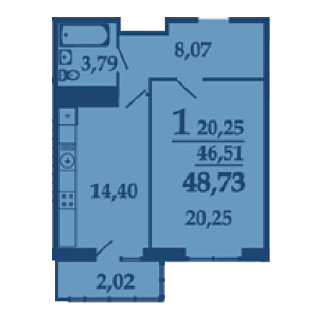 1 комнатная 48.73м²