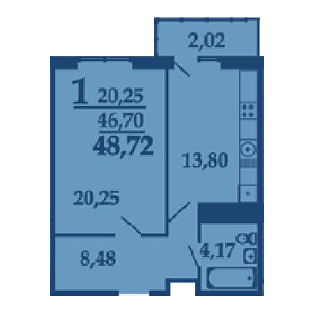 1 комнатная 48.72м²