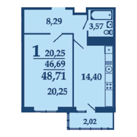 1 комнатная 48.71м²