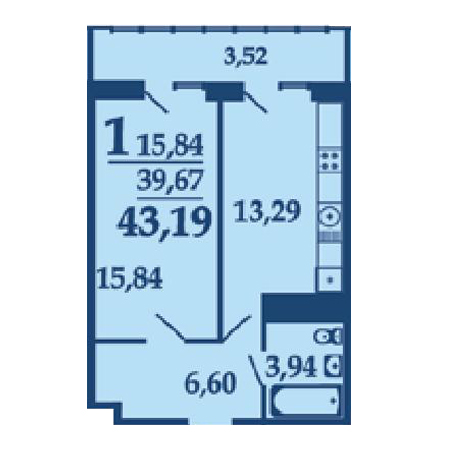 1 комнатная 43.19м²