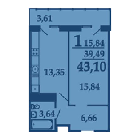 1 комнатная 43.1м²