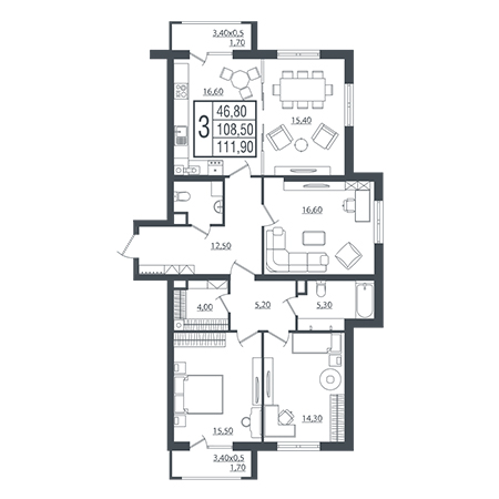 3 комнатная 111.9м²