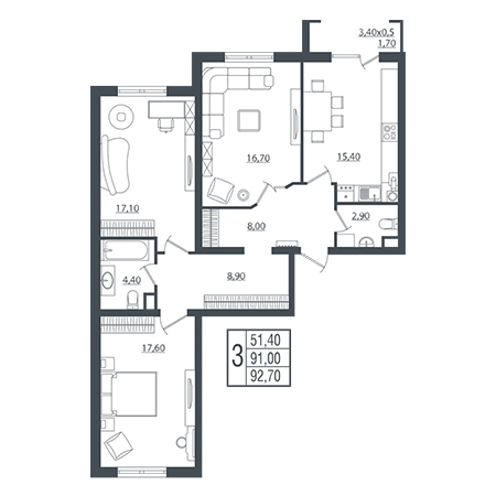 3 комнатная 90.7м²