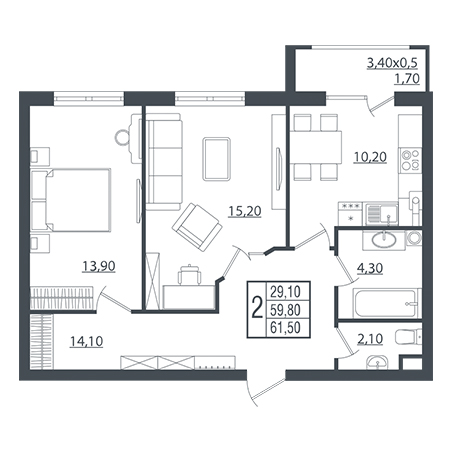 2 комнатная 61.5м²