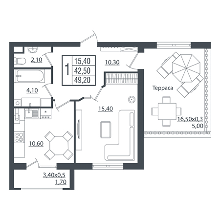 1 комнатная 49.2м²