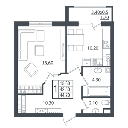 1 комнатная 44.2м²