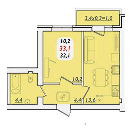 1 комнатная 33.1м²