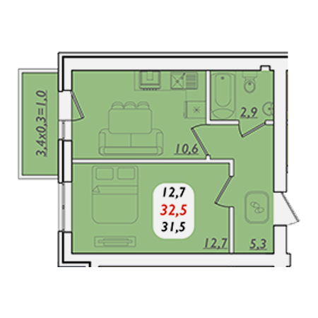 1 комнатная 32.5м²