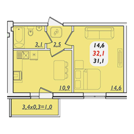 1 комнатная 32.1м²