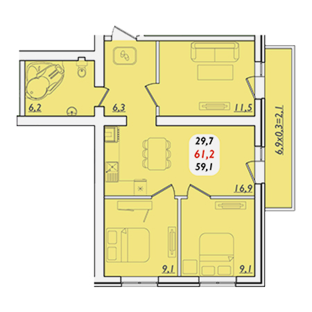 3 комнатная 61.2м²