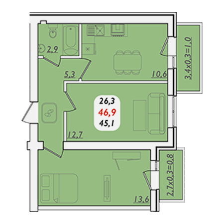 2 комнатная 46.9м²