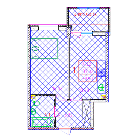 1 комнатная 39.5м²