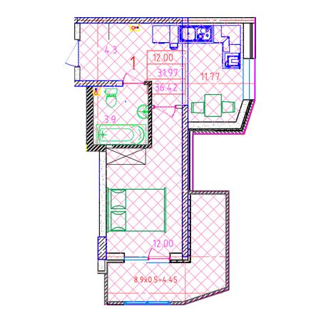 1 комнатная 39.42м²