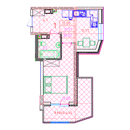 1 комнатная 36.02м²