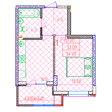 1 комнатная 34.25м²