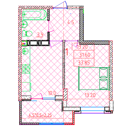 1 комнатная 33.85м²