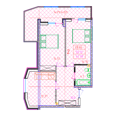 2 комнатная 62.38м²