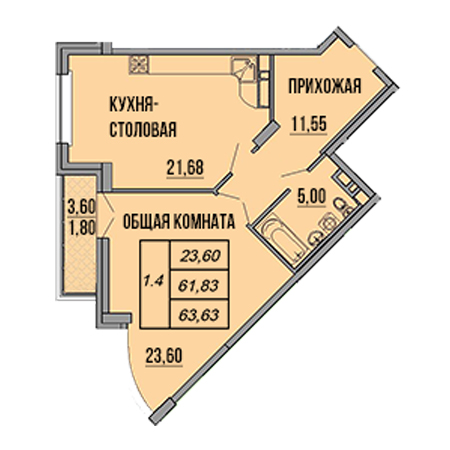 1 комнатная 63.63м²