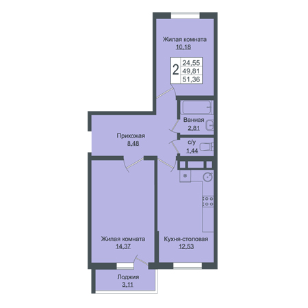 2 комнатная 51.36м²