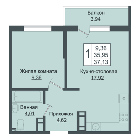 1 комнатная 37.13м²