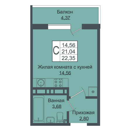 Студия 22.35м²