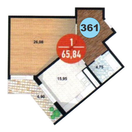 1 комнатная 65.84м²