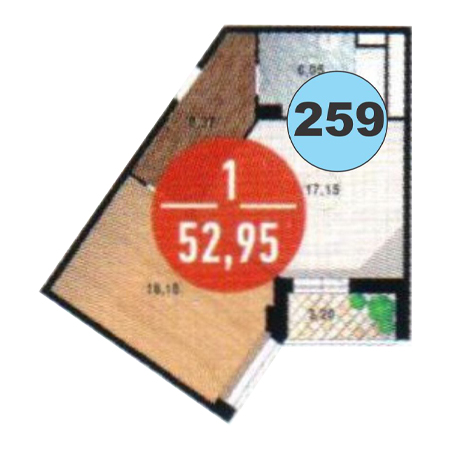 1 комнатная 52.95м²