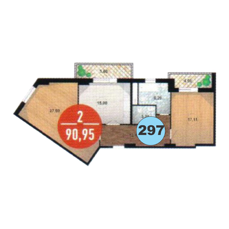 2 комнатная 90.95м²