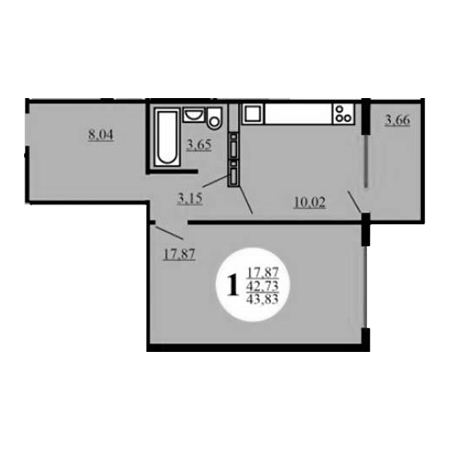 1 комнатная 43.83м²