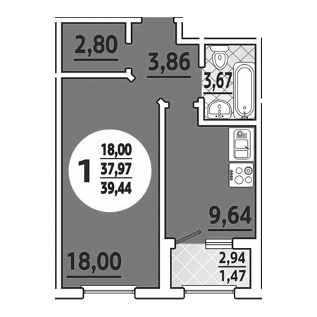 1 комнатная 39.44м²