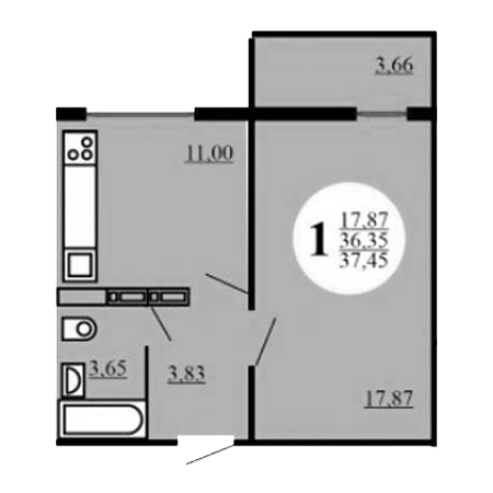 1 комнатная 37.45м²