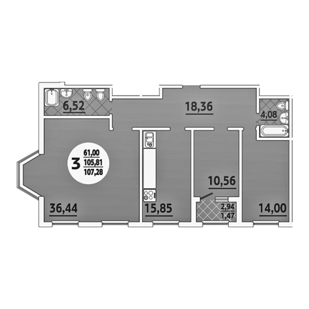 3 комнатная 107.28м²