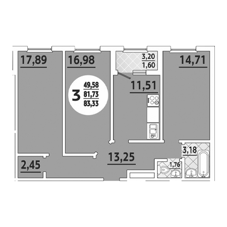 3 комнатная 83.33м²