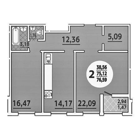 2 комнатная 76.59м²