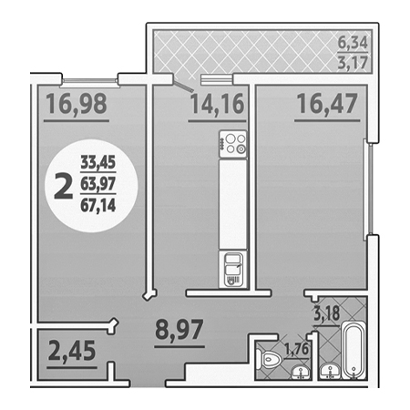 2 комнатная 67.14м²